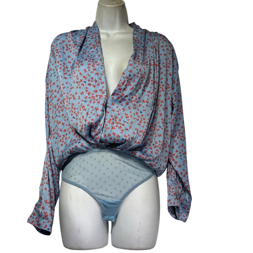 Free People Womens blue red long sleeve Ladylike Thong Bodysuit Jumpsuit Size XS